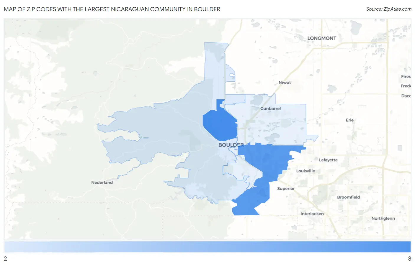 Zip Codes with the Largest Nicaraguan Community in Boulder Map