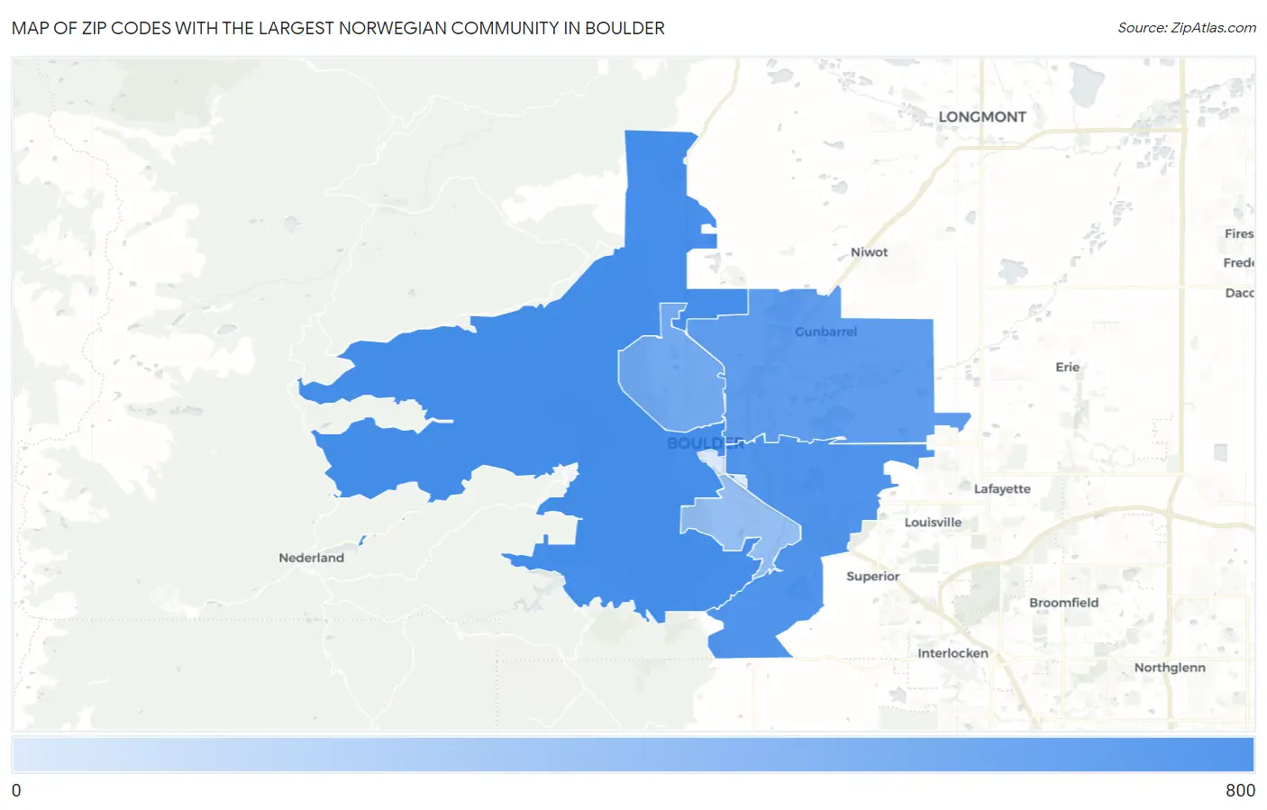 Zip Codes with the Largest Norwegian Community in Boulder Map