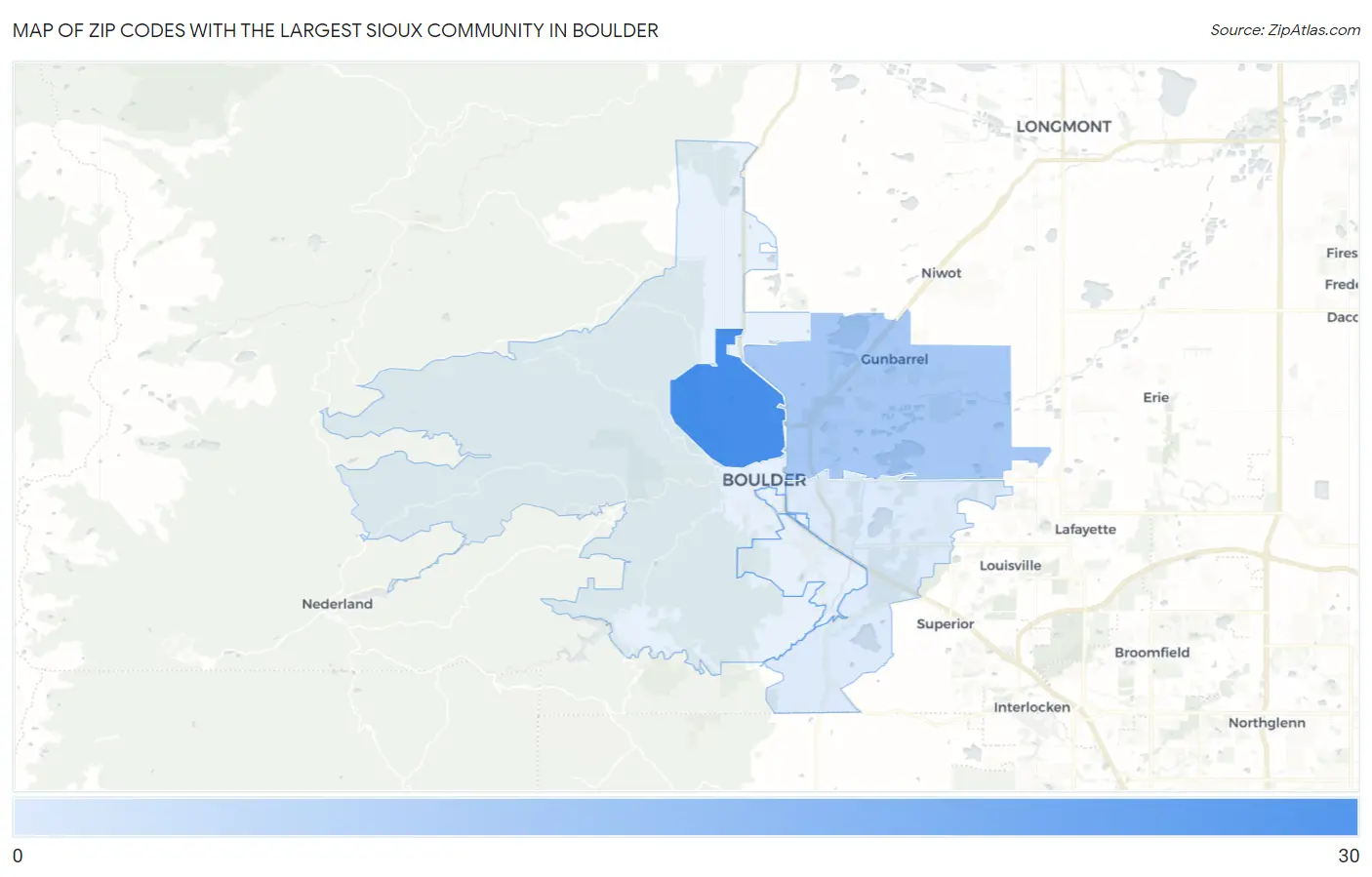 Zip Codes with the Largest Sioux Community in Boulder Map
