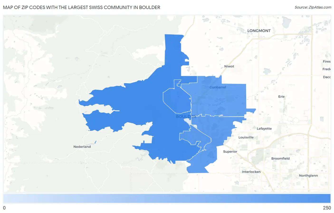 Zip Codes with the Largest Swiss Community in Boulder Map