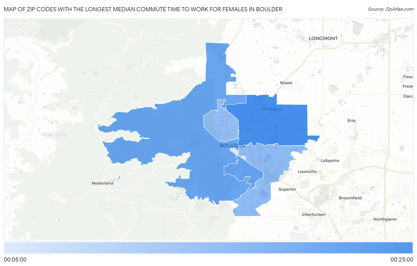 Zip Codes with the Longest Median Commute Time to Work for Females in Boulder Map