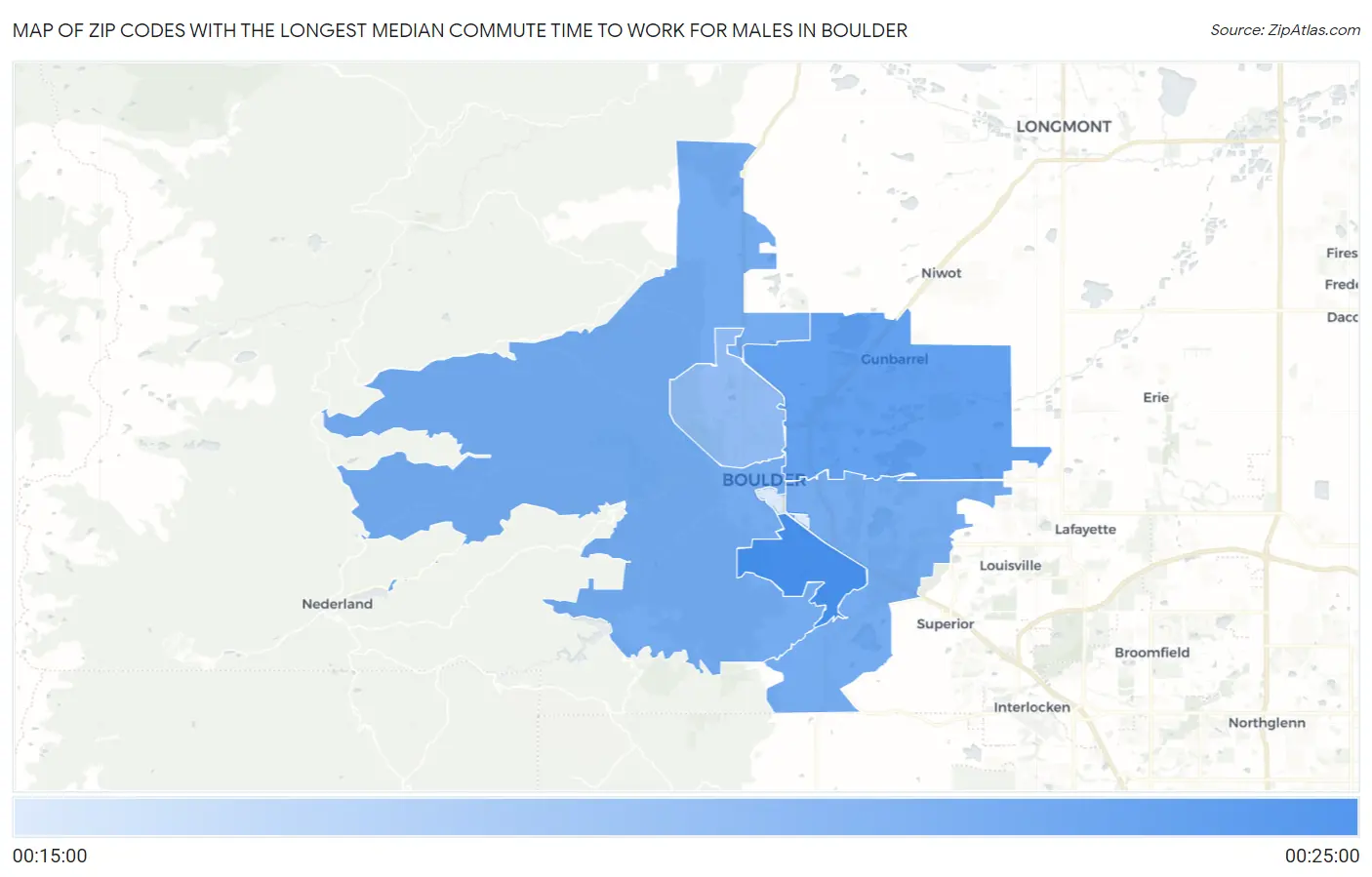 Zip Codes with the Longest Median Commute Time to Work for Males in Boulder Map