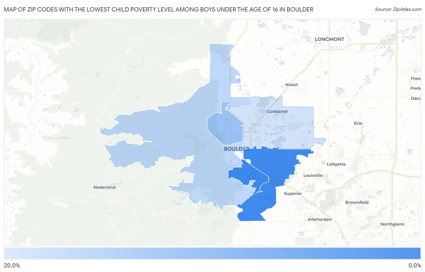 Zip Codes with the Lowest Child Poverty Level Among Boys Under the Age of 16 in Boulder Map