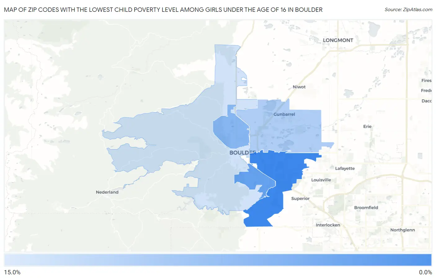 Zip Codes with the Lowest Child Poverty Level Among Girls Under the Age of 16 in Boulder Map