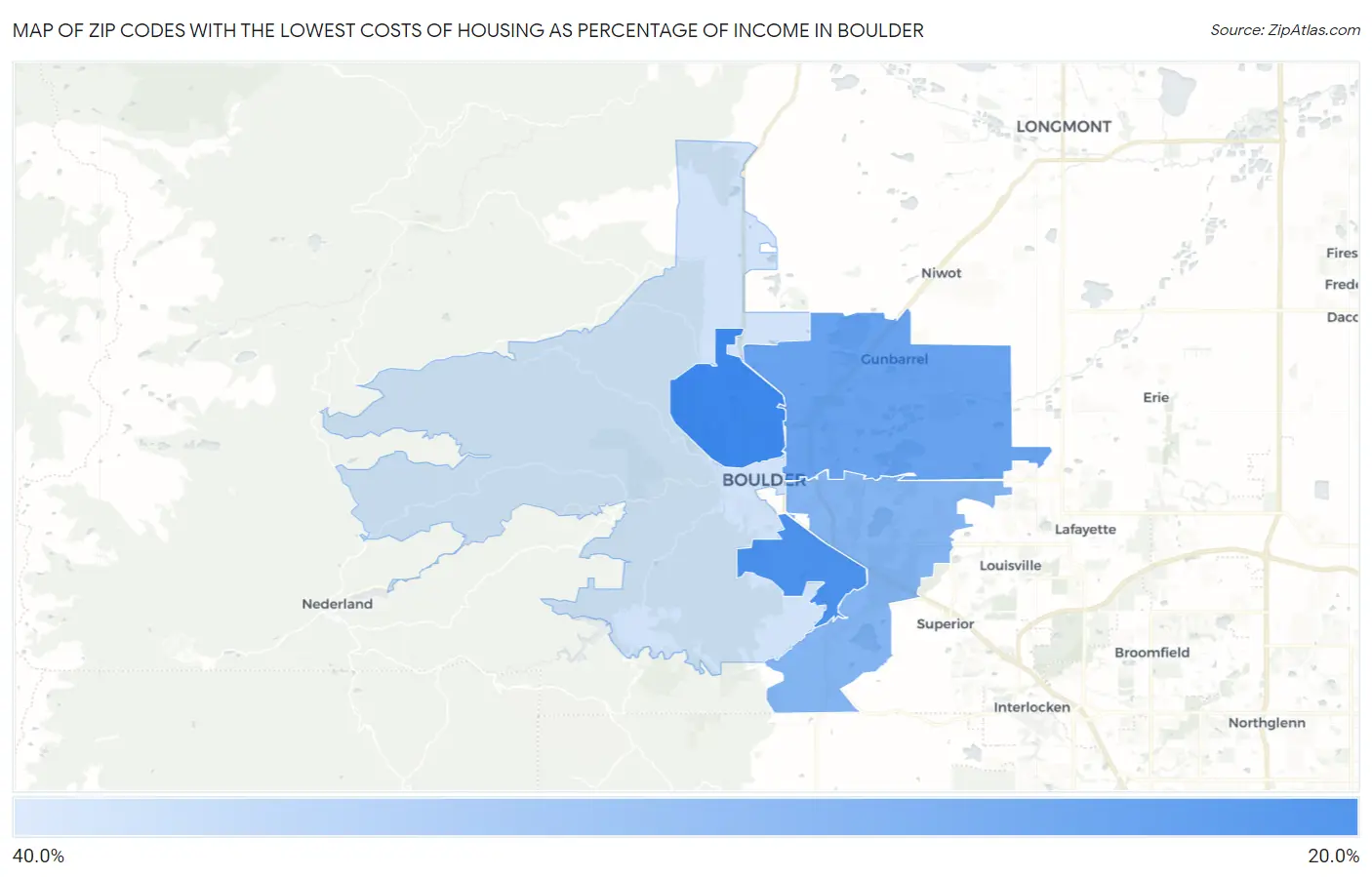 Zip Codes with the Lowest Costs of Housing as Percentage of Income in Boulder Map