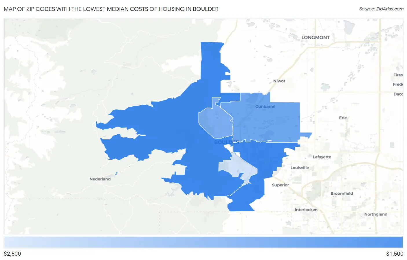 Zip Codes with the Lowest Median Costs of Housing in Boulder Map