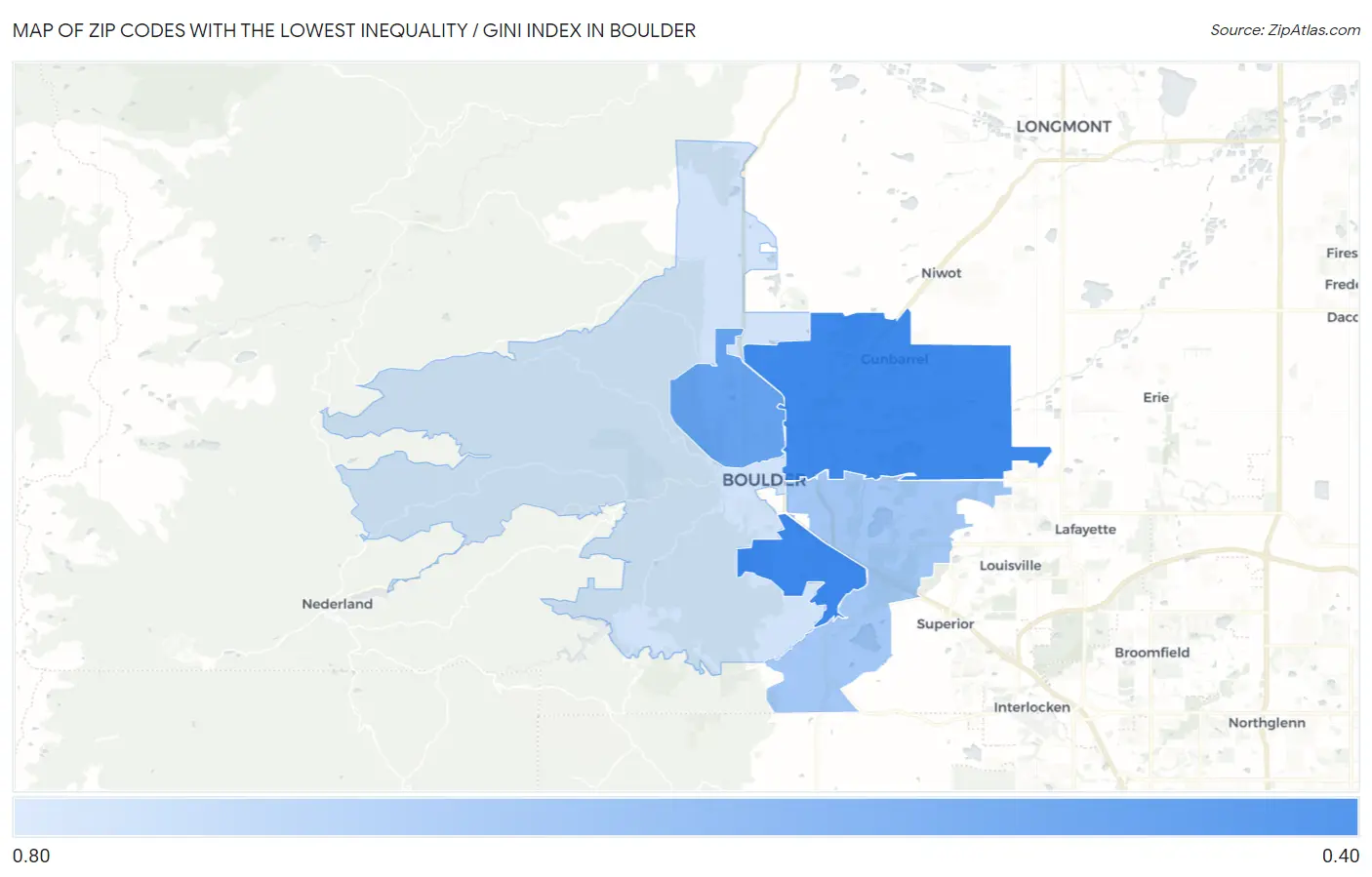 Zip Codes with the Lowest Inequality / Gini Index in Boulder Map