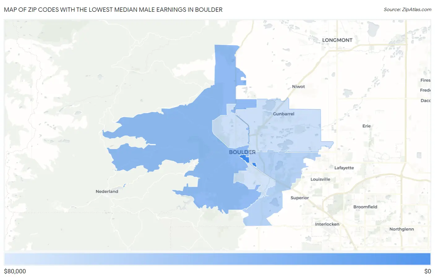 Zip Codes with the Lowest Median Male Earnings in Boulder Map