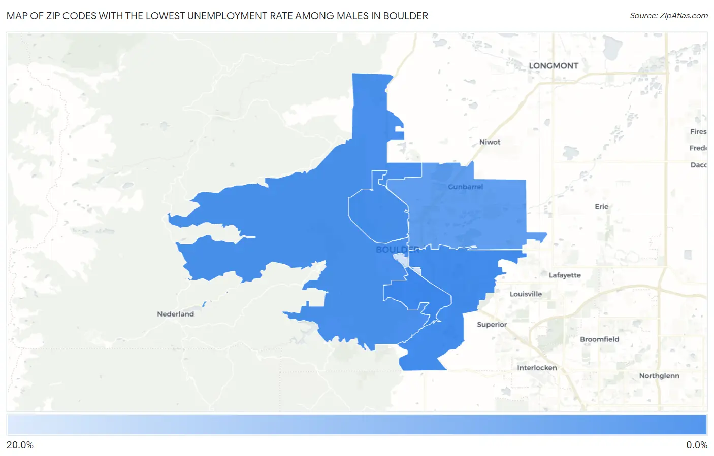 Zip Codes with the Lowest Unemployment Rate Among Males in Boulder Map