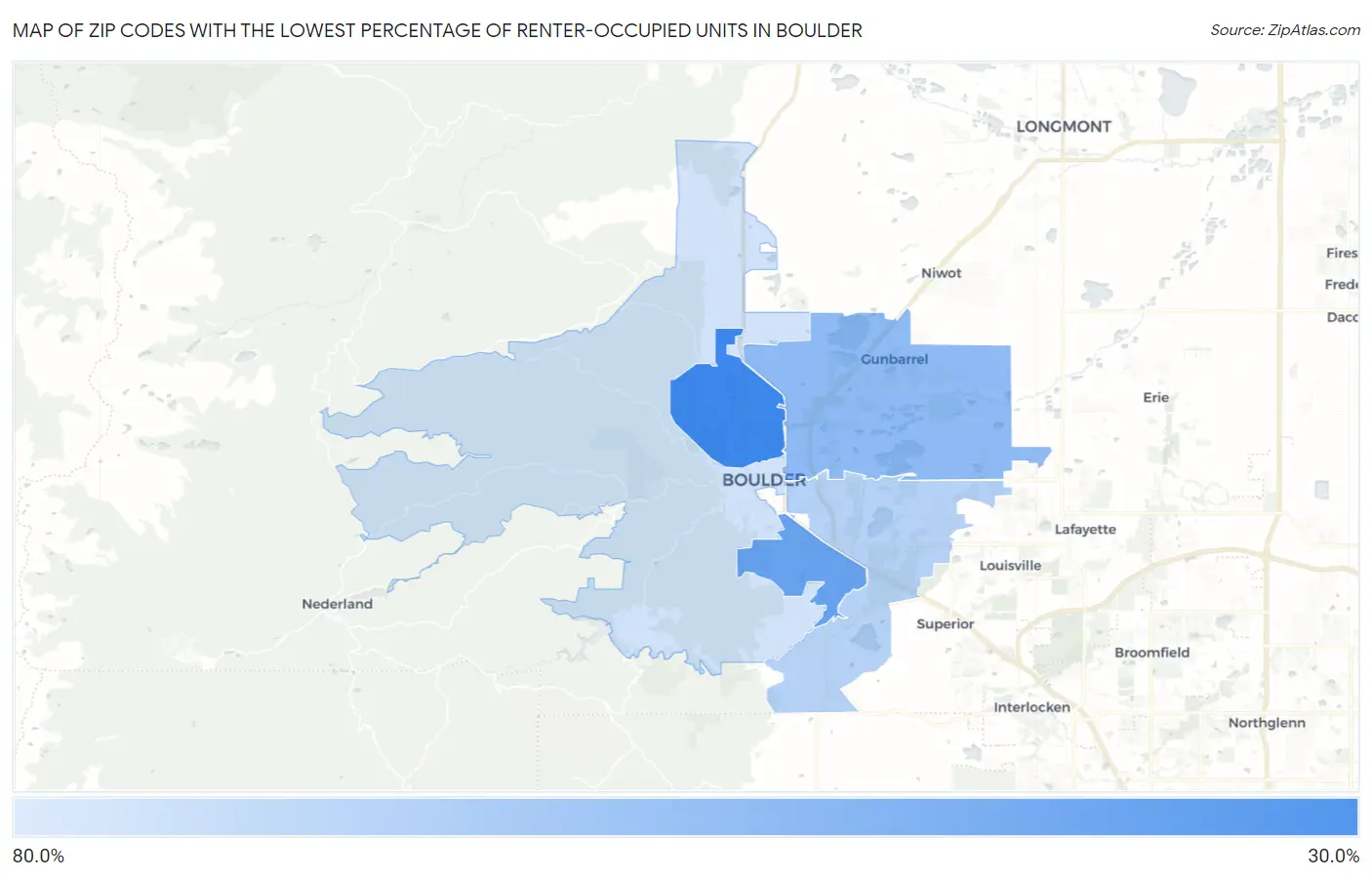 Zip Codes with the Lowest Percentage of Renter-Occupied Units in Boulder Map