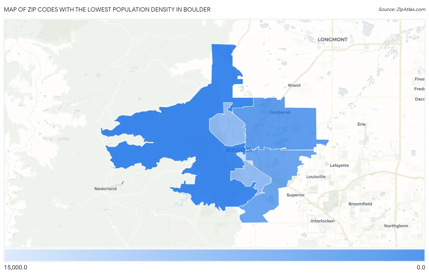 Zip Codes with the Lowest Population Density in Boulder Map