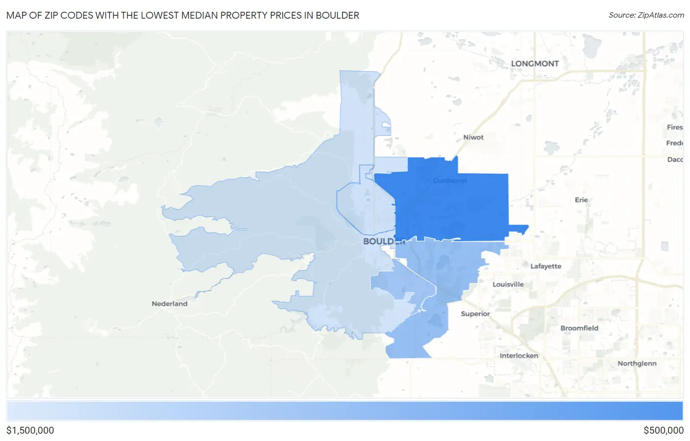 Zip Codes with the Lowest Median Property Prices in Boulder Map