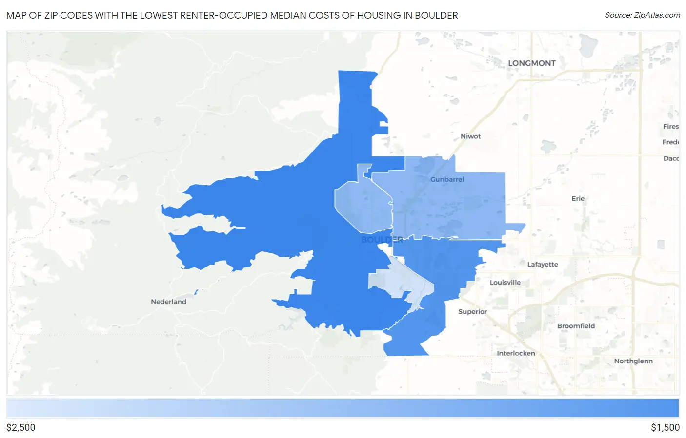 Zip Codes with the Lowest Renter-Occupied Median Costs of Housing in Boulder Map