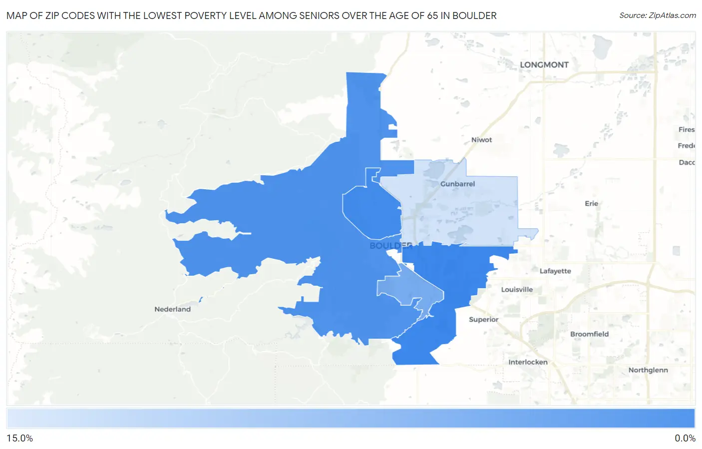 Zip Codes with the Lowest Poverty Level Among Seniors Over the Age of 65 in Boulder Map