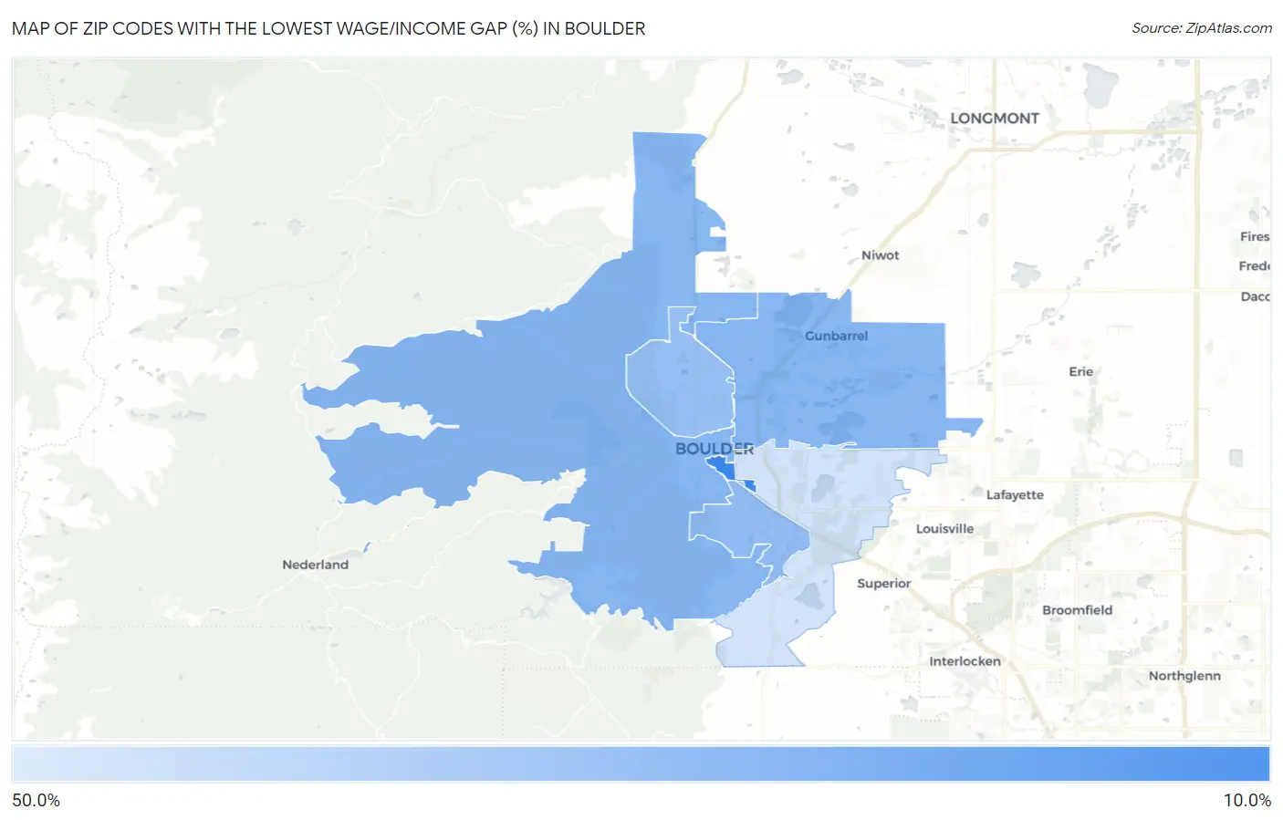 Zip Codes with the Lowest Wage/Income Gap (%) in Boulder Map