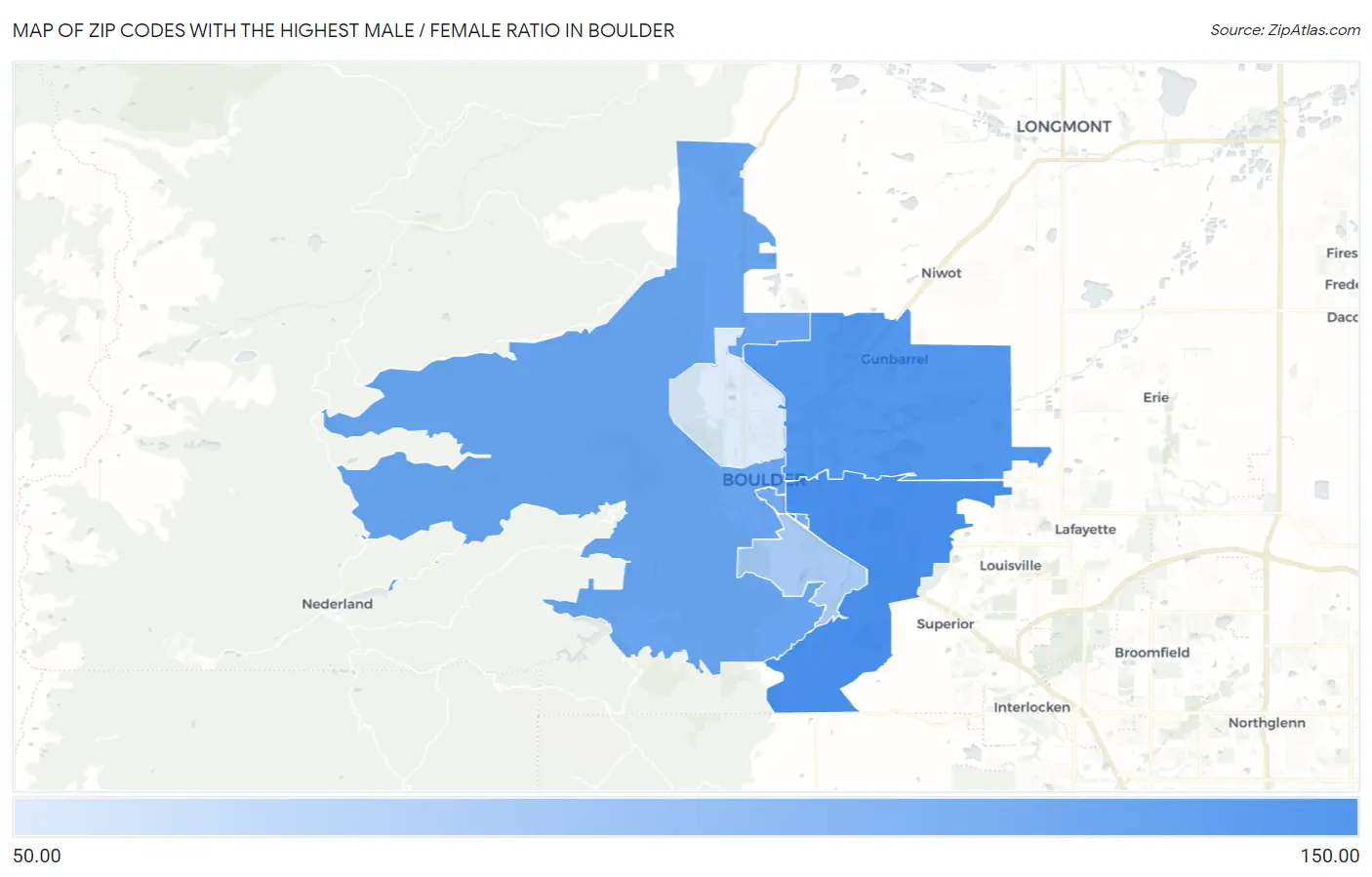 Zip Codes with the Highest Male / Female Ratio in Boulder Map