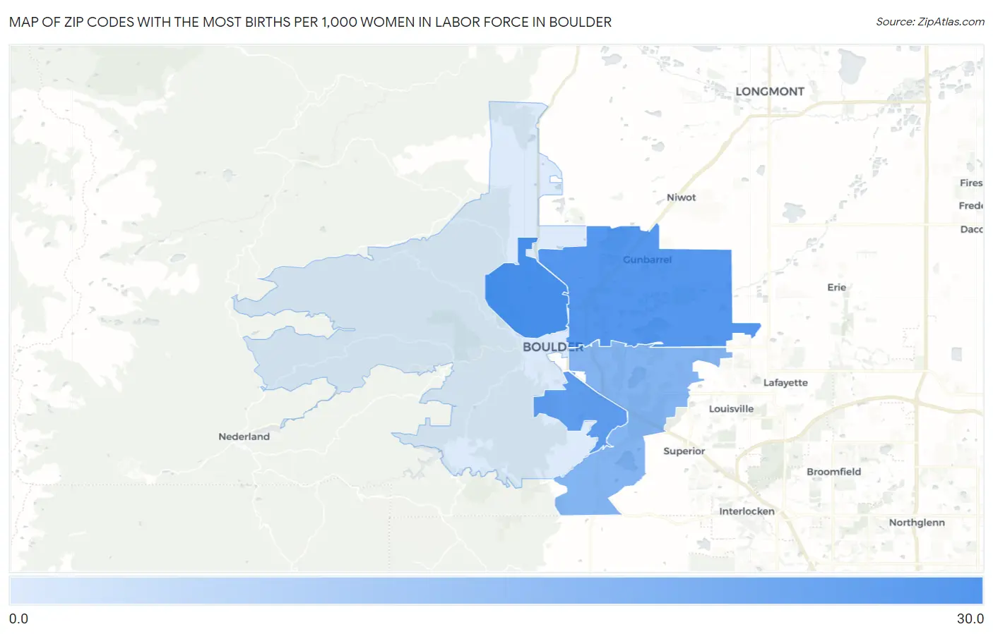 Zip Codes with the Most Births per 1,000 Women in Labor Force in Boulder Map