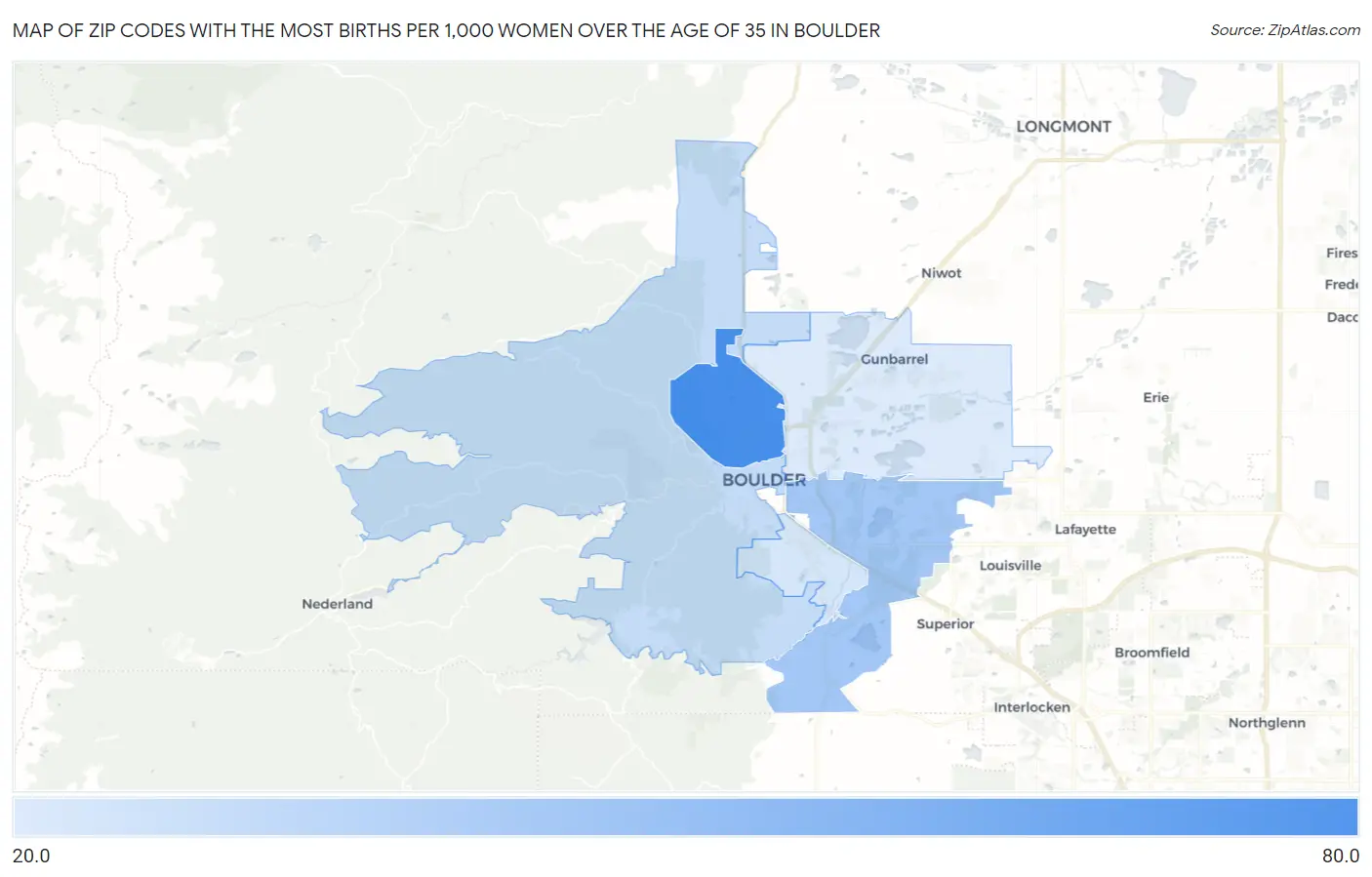Zip Codes with the Most Births per 1,000 Women Over the Age of 35 in Boulder Map