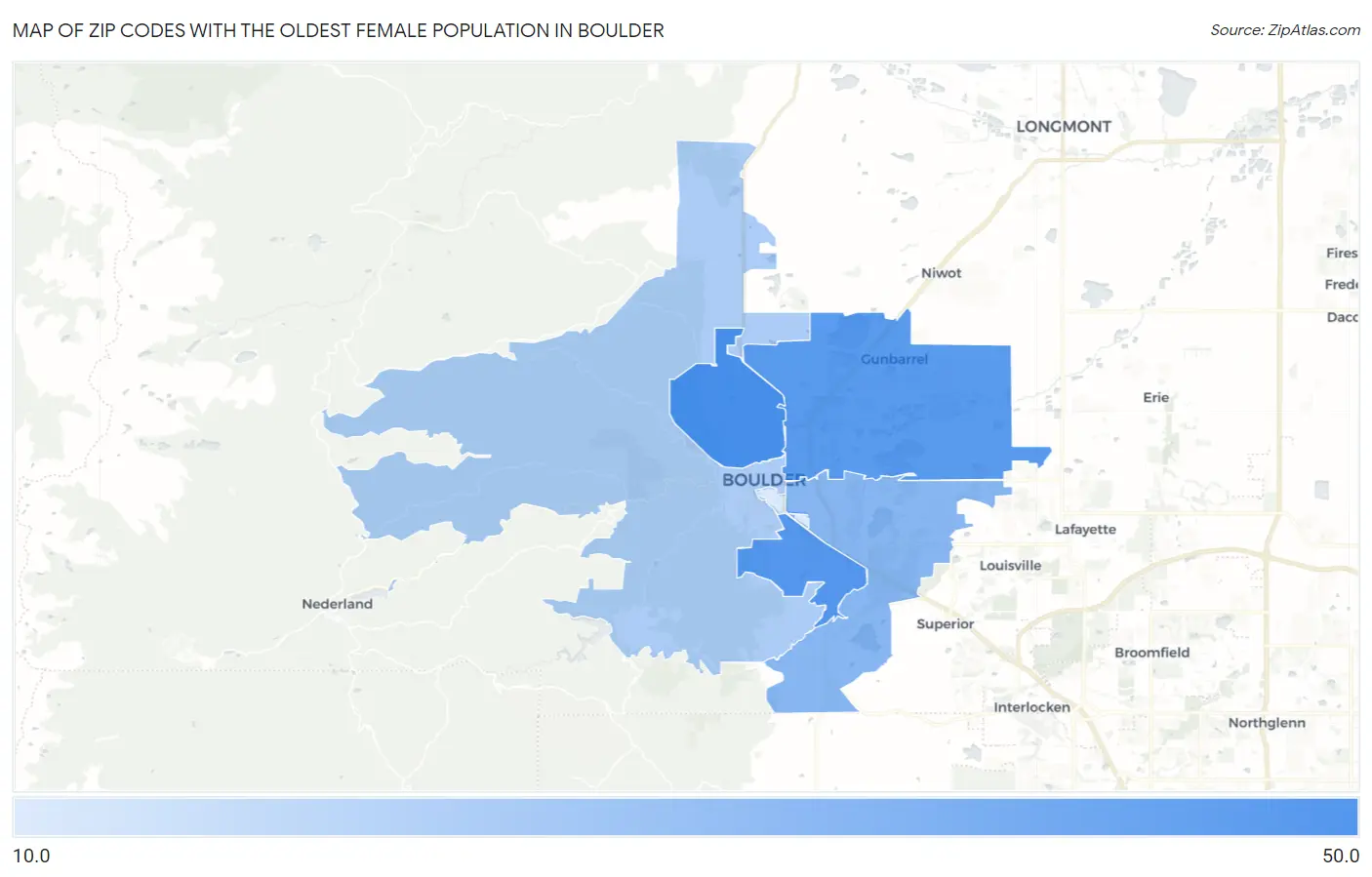 Zip Codes with the Oldest Female Population in Boulder Map