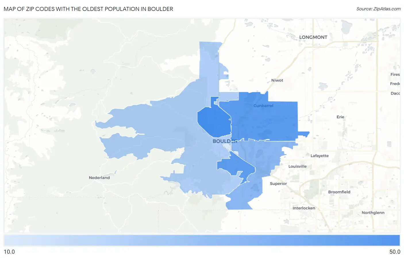 Zip Codes with the Oldest Population in Boulder Map