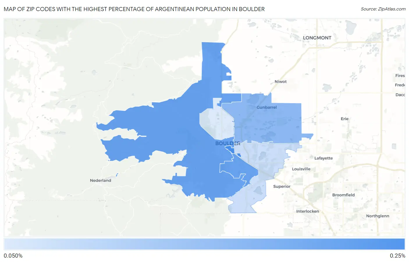 Zip Codes with the Highest Percentage of Argentinean Population in Boulder Map