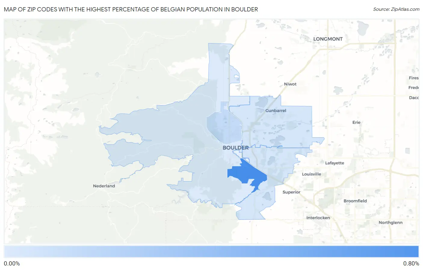 Zip Codes with the Highest Percentage of Belgian Population in Boulder Map