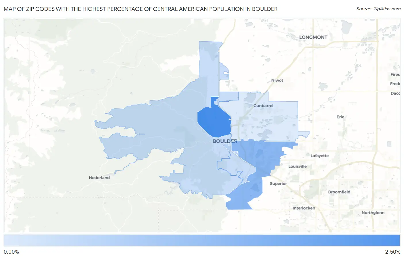 Zip Codes with the Highest Percentage of Central American Population in Boulder Map