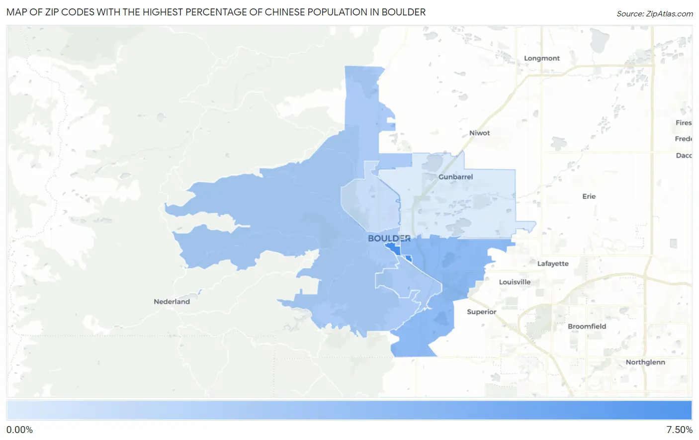 Zip Codes with the Highest Percentage of Chinese Population in Boulder Map