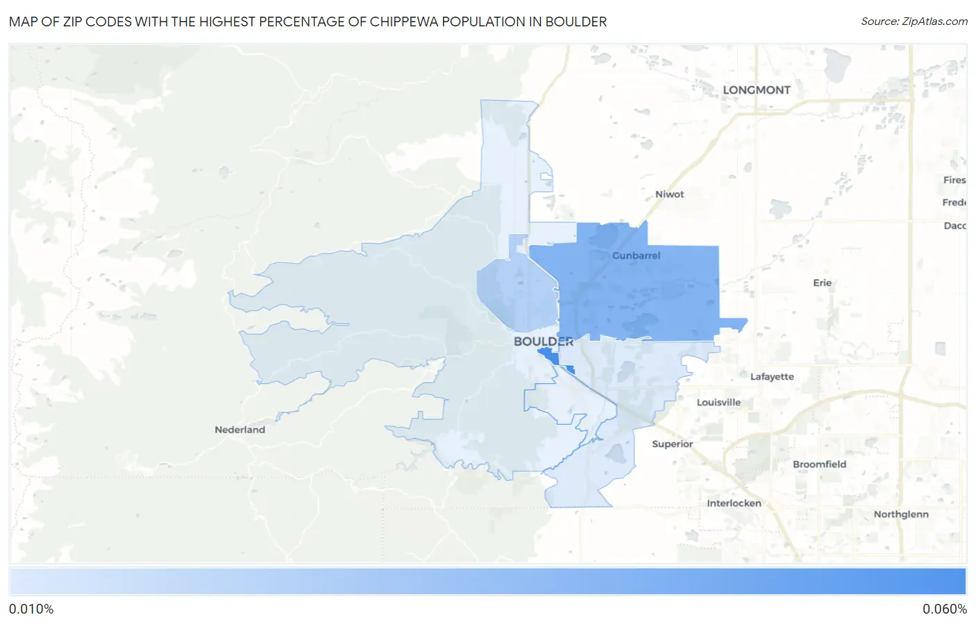 Zip Codes with the Highest Percentage of Chippewa Population in Boulder Map