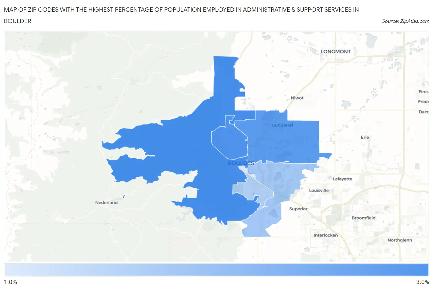 Zip Codes with the Highest Percentage of Population Employed in Administrative & Support Services in Boulder Map