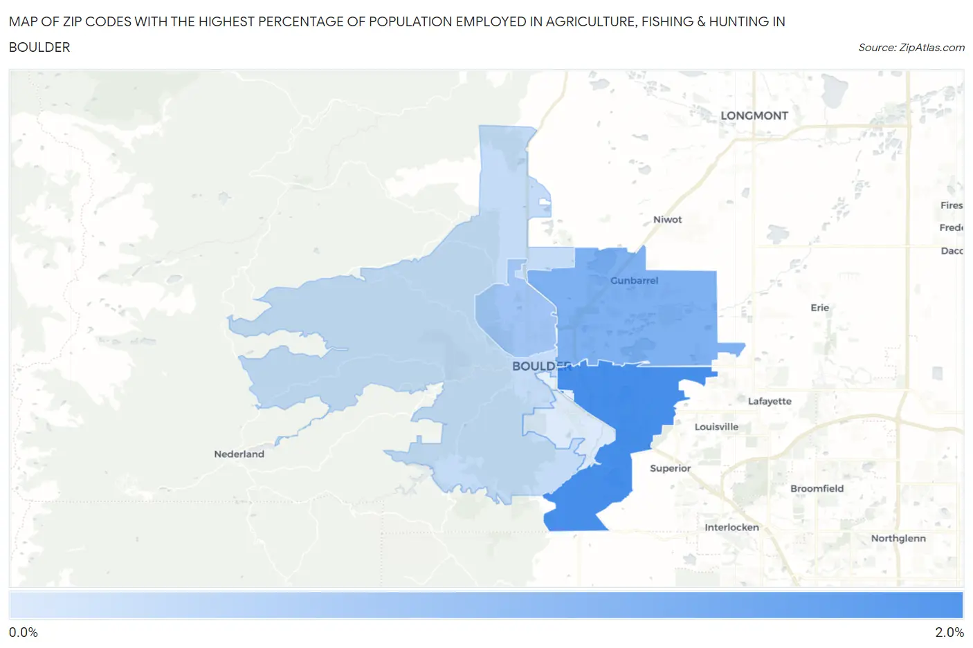 Zip Codes with the Highest Percentage of Population Employed in Agriculture, Fishing & Hunting in Boulder Map