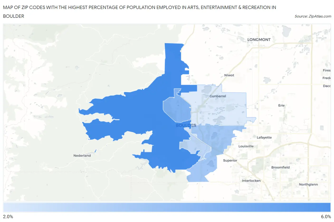Zip Codes with the Highest Percentage of Population Employed in Arts, Entertainment & Recreation in Boulder Map