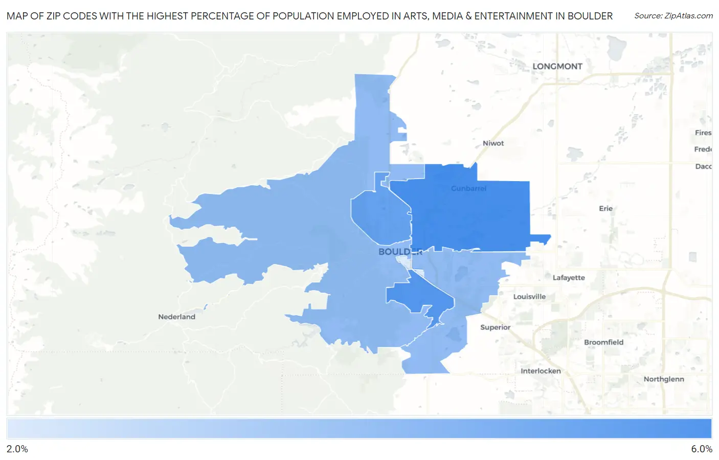 Zip Codes with the Highest Percentage of Population Employed in Arts, Media & Entertainment in Boulder Map