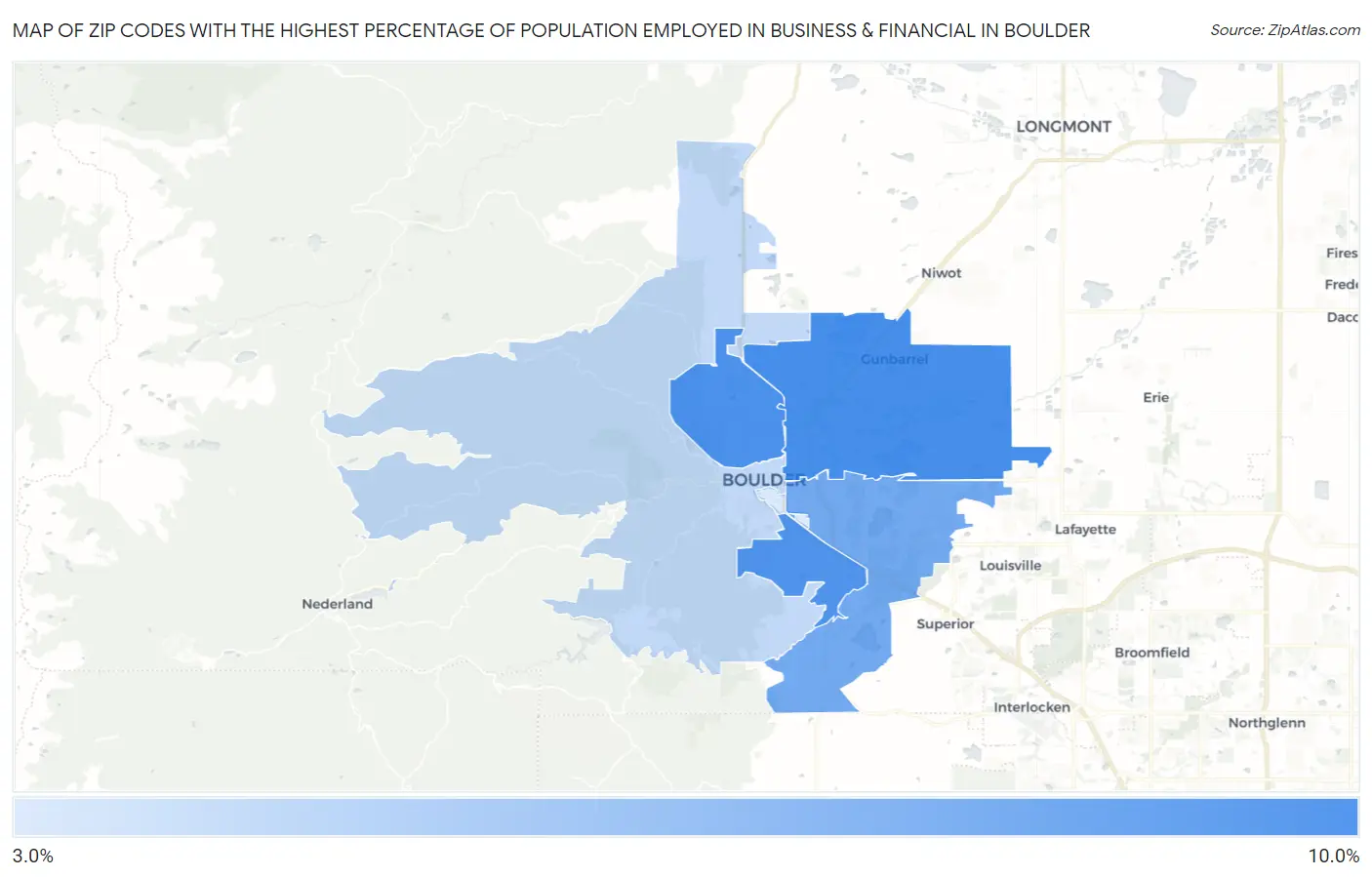 Zip Codes with the Highest Percentage of Population Employed in Business & Financial in Boulder Map