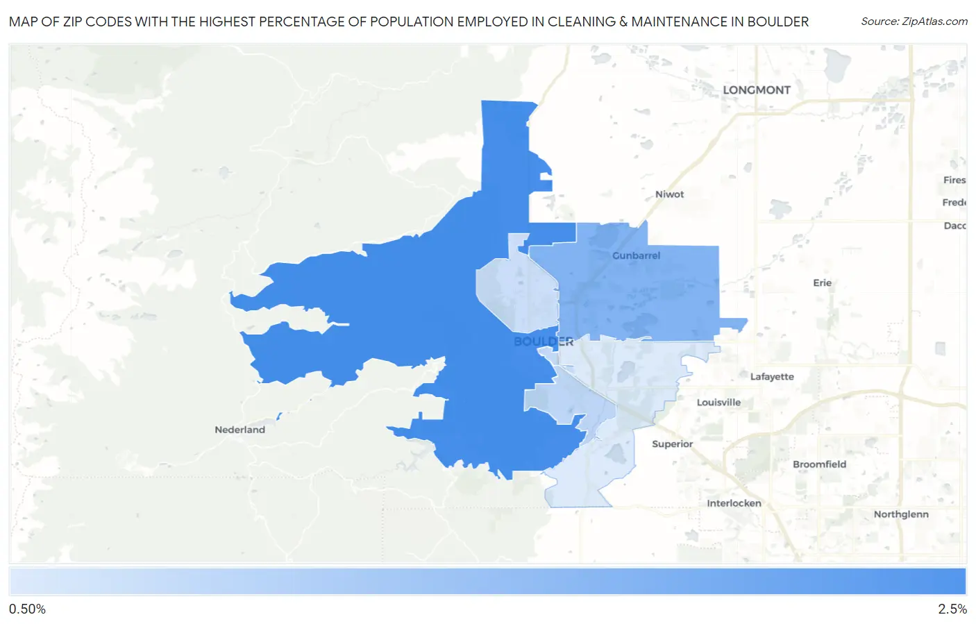 Zip Codes with the Highest Percentage of Population Employed in Cleaning & Maintenance in Boulder Map