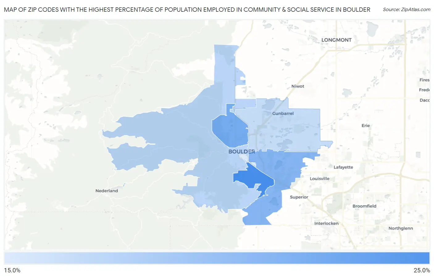 Zip Codes with the Highest Percentage of Population Employed in Community & Social Service  in Boulder Map