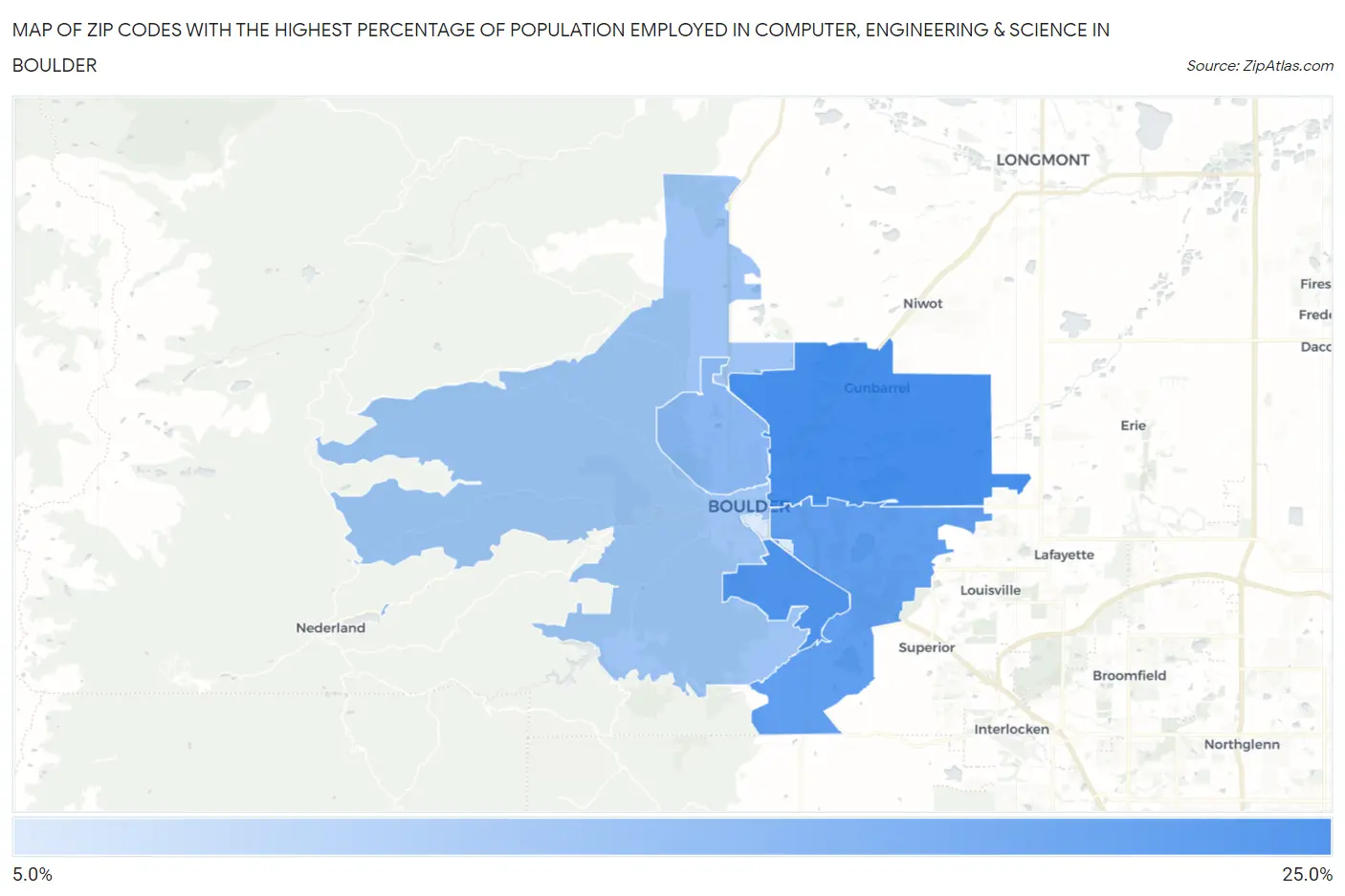 Zip Codes with the Highest Percentage of Population Employed in Computer, Engineering & Science in Boulder Map