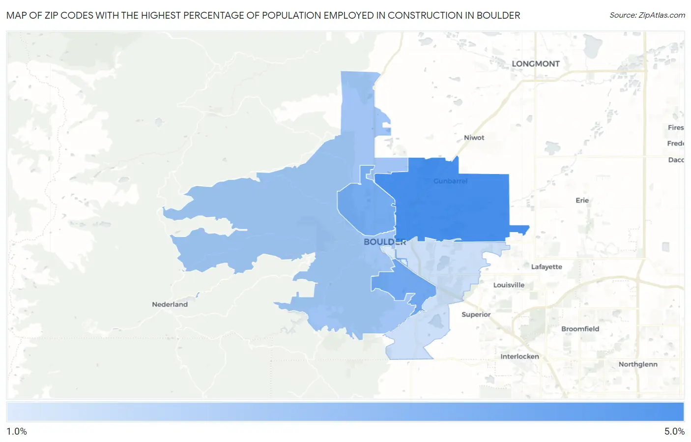 Zip Codes with the Highest Percentage of Population Employed in Construction in Boulder Map