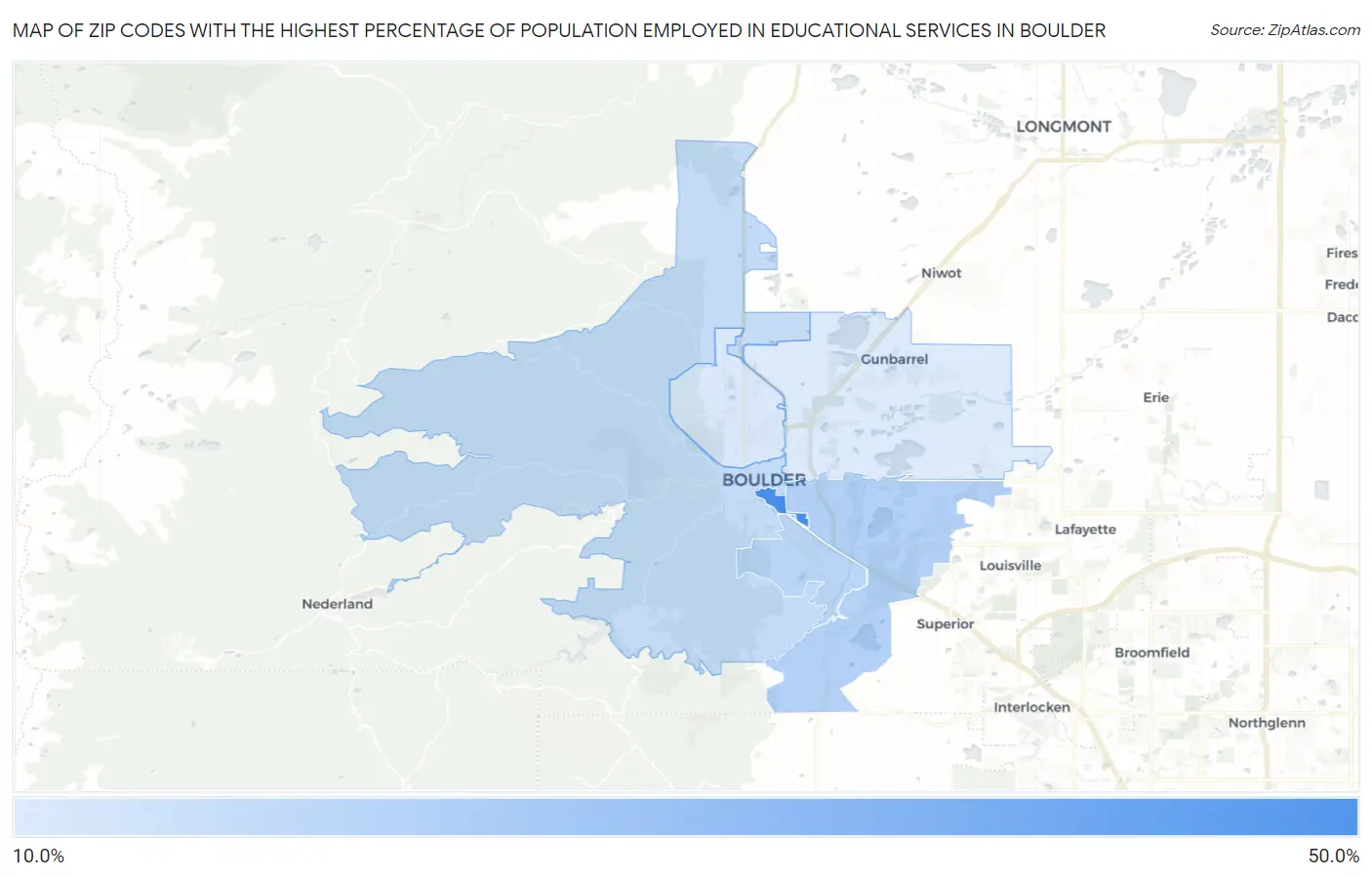 Zip Codes with the Highest Percentage of Population Employed in Educational Services in Boulder Map