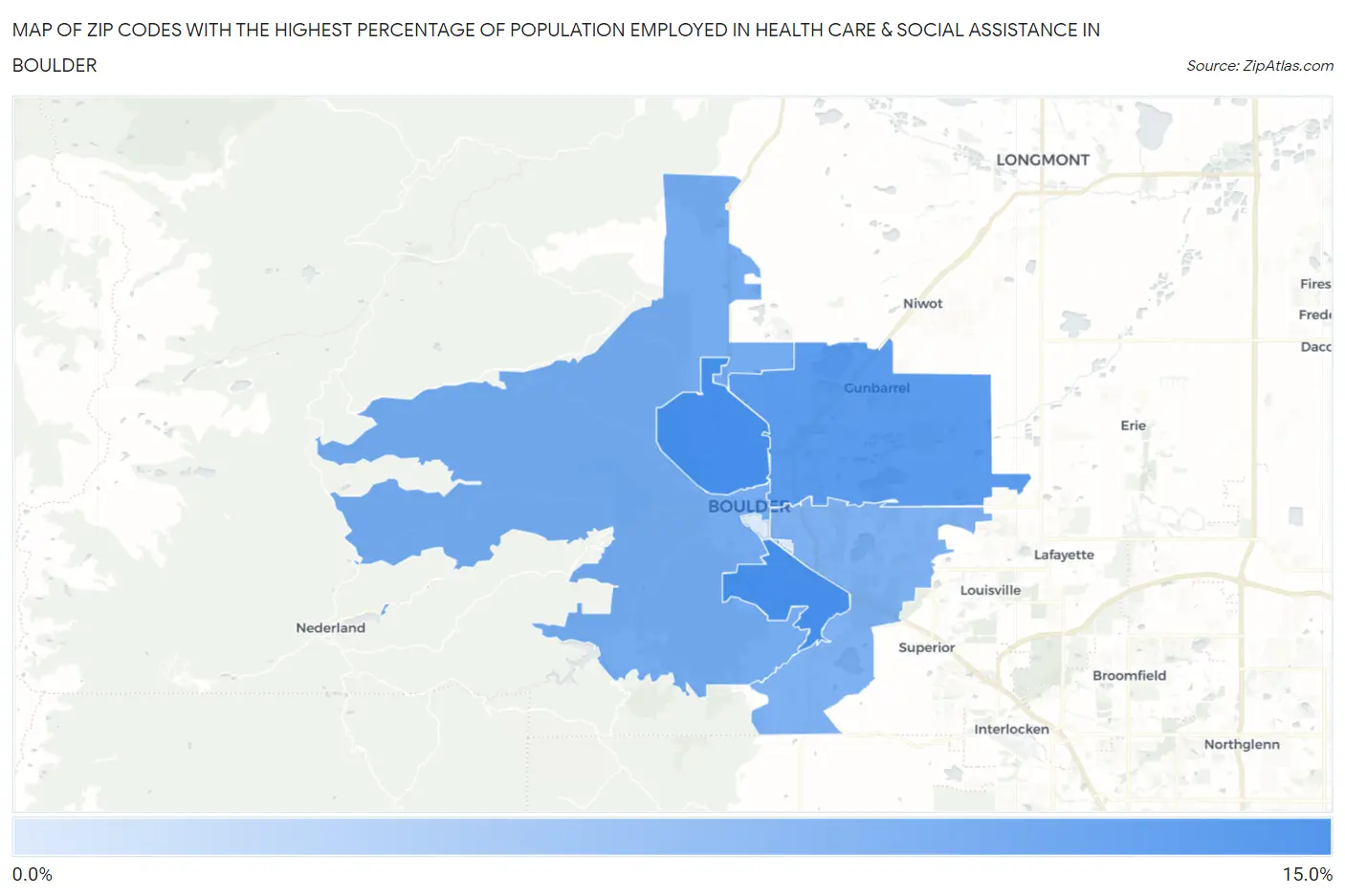 Zip Codes with the Highest Percentage of Population Employed in Health Care & Social Assistance in Boulder Map
