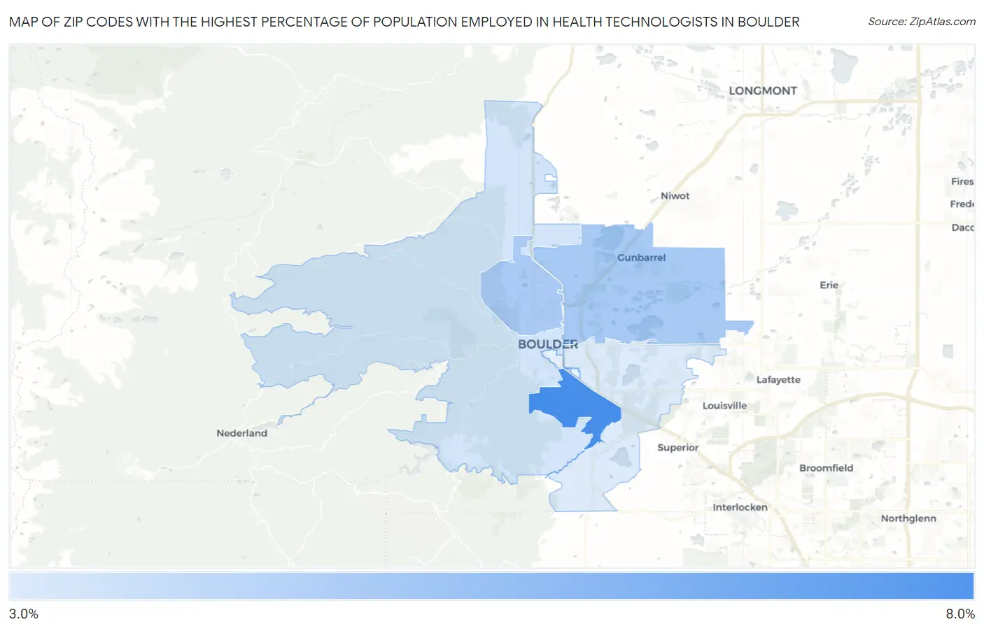 Zip Codes with the Highest Percentage of Population Employed in Health Technologists in Boulder Map