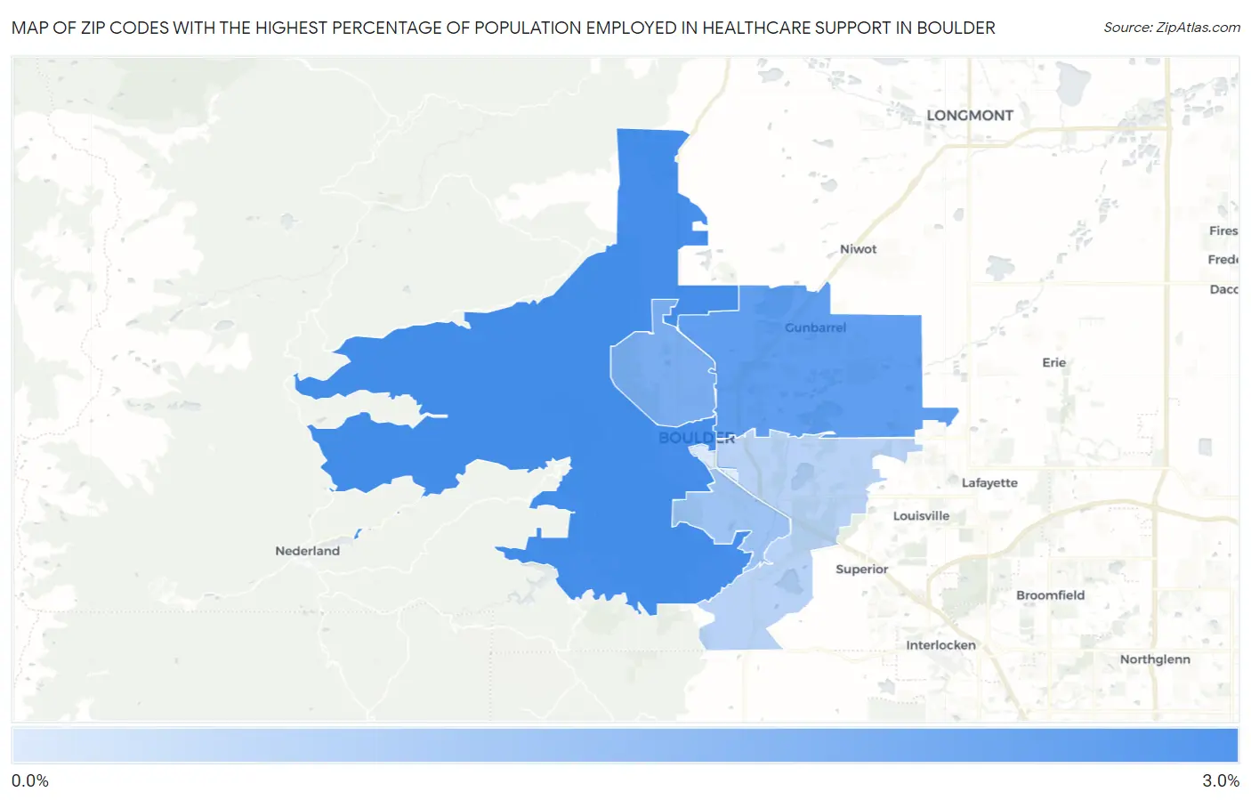 Zip Codes with the Highest Percentage of Population Employed in Healthcare Support in Boulder Map
