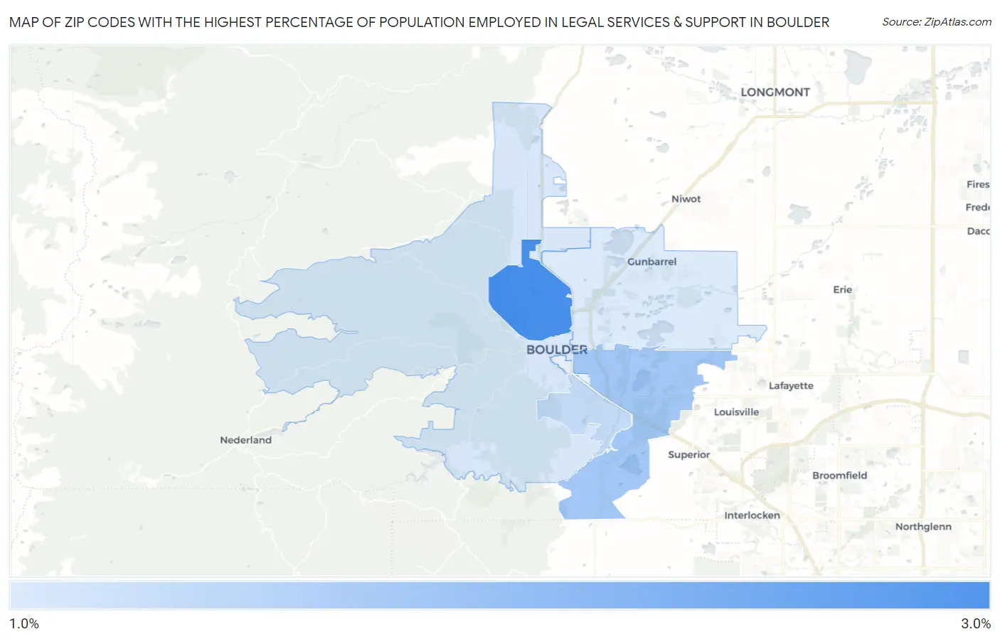 Zip Codes with the Highest Percentage of Population Employed in Legal Services & Support in Boulder Map