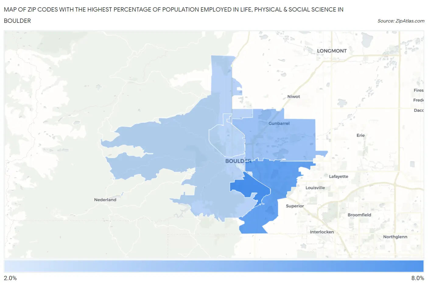 Zip Codes with the Highest Percentage of Population Employed in Life, Physical & Social Science in Boulder Map