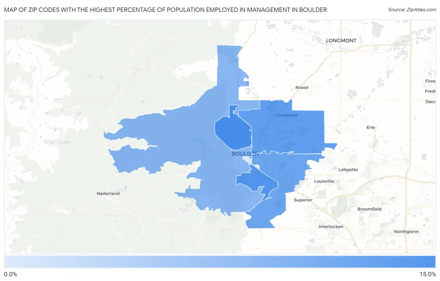 Zip Codes with the Highest Percentage of Population Employed in Management in Boulder Map