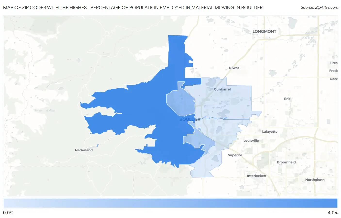 Zip Codes with the Highest Percentage of Population Employed in Material Moving in Boulder Map