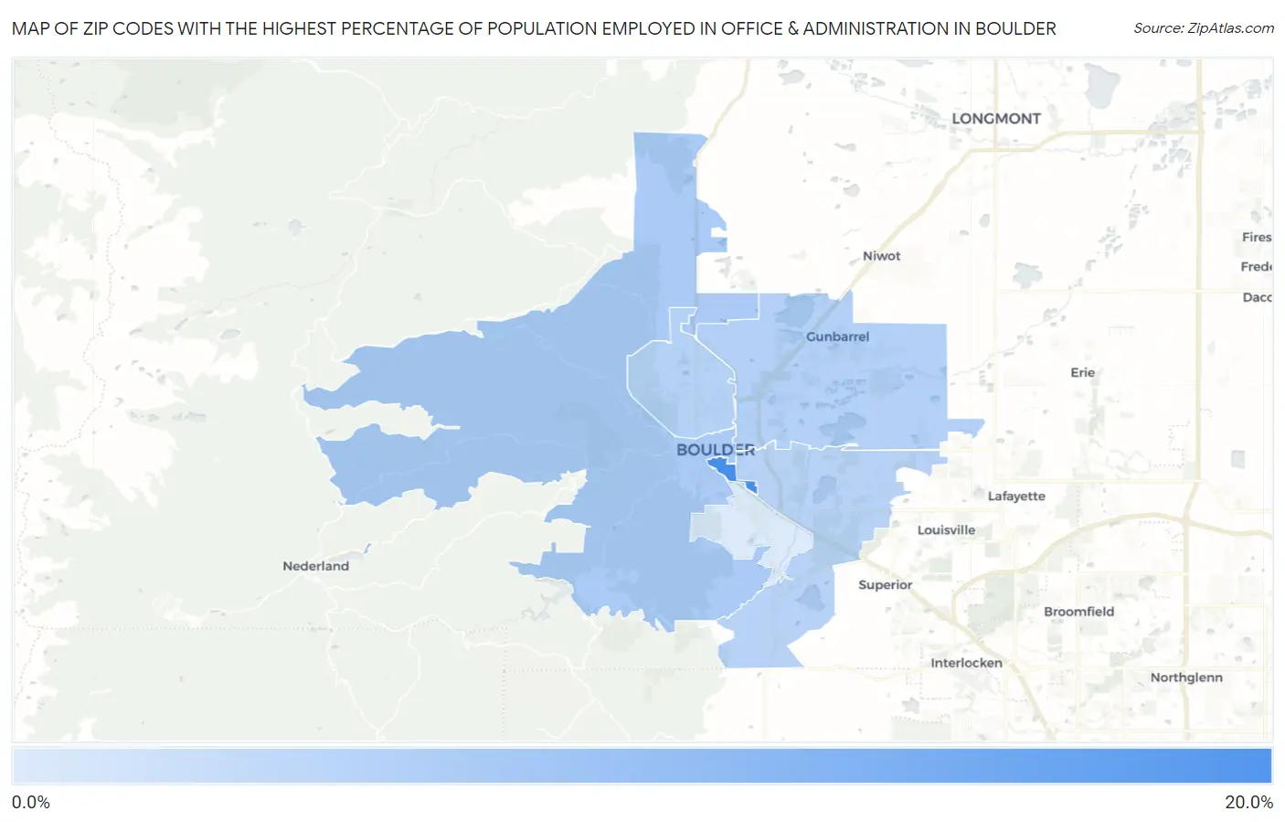Zip Codes with the Highest Percentage of Population Employed in Office & Administration in Boulder Map