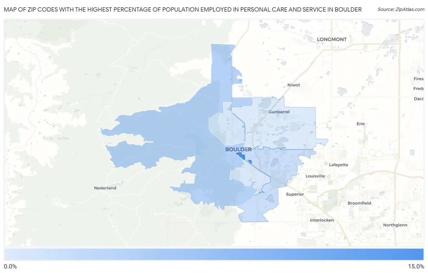 Zip Codes with the Highest Percentage of Population Employed in Personal Care and Service in Boulder Map