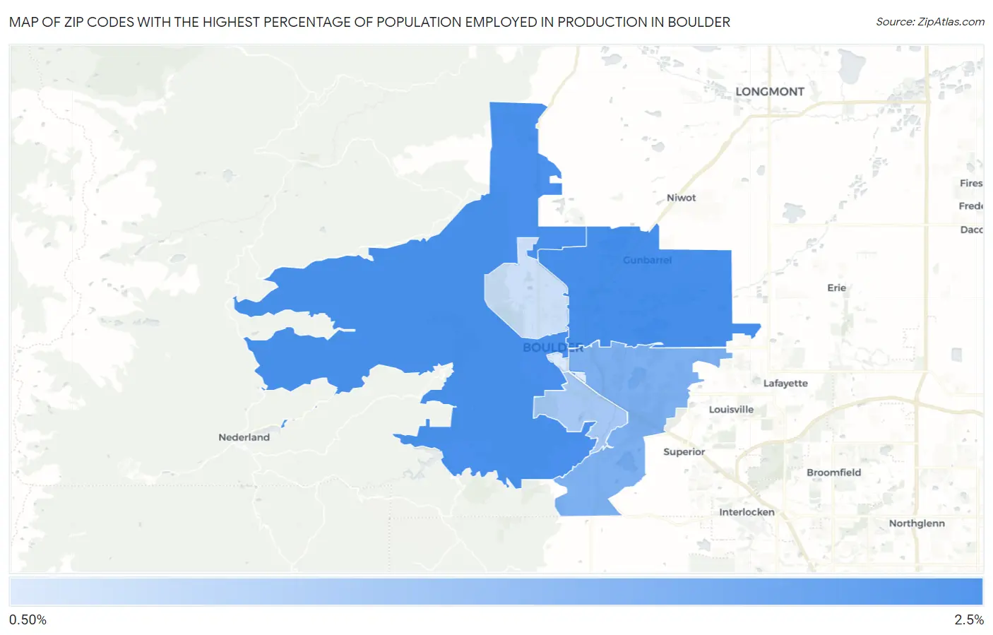 Zip Codes with the Highest Percentage of Population Employed in Production in Boulder Map