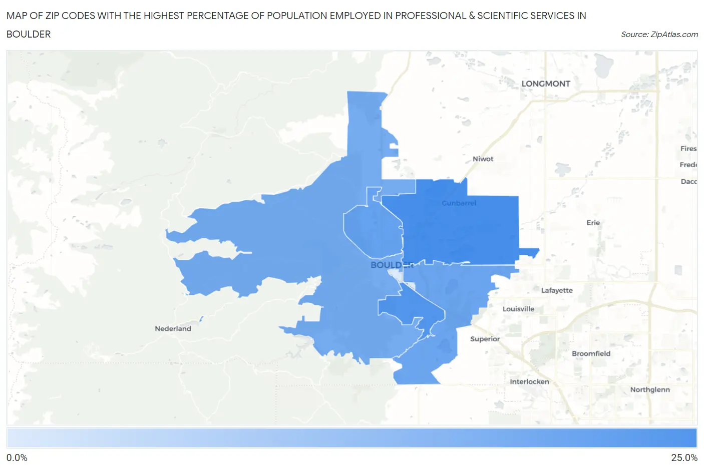 Zip Codes with the Highest Percentage of Population Employed in Professional & Scientific Services in Boulder Map